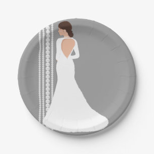 Plato De Papel Vestido de Novia Blanco Moderno & Perlas para Desp