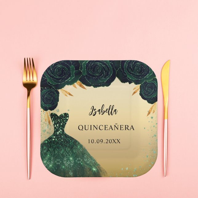 Plato De Papel Vestido de oro verde esmeralda de Quinceanera (Subido por el creador)