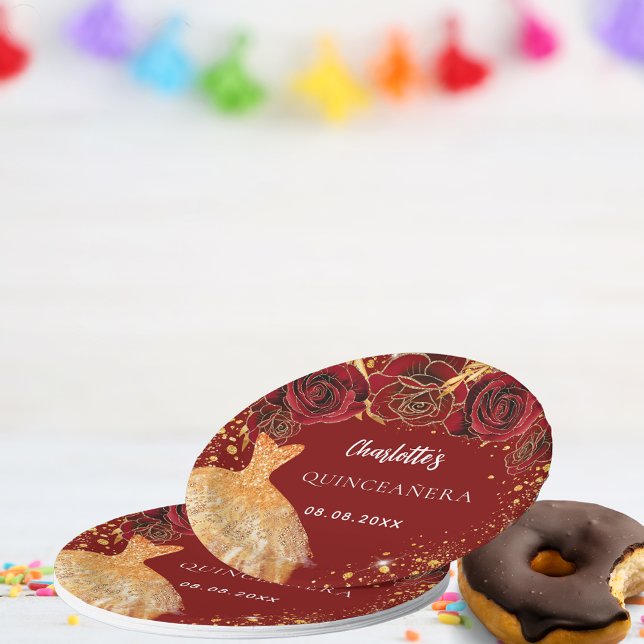 Plato De Papel Vestido de purpurina de oro rojo Quinceanera flora (Subido por el creador)