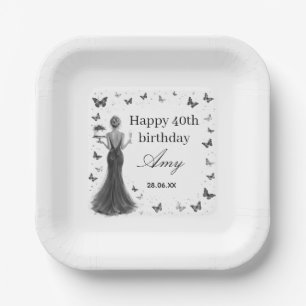 Plato De Papel vestido elegante negro y blanco mariposas 40 cumpl