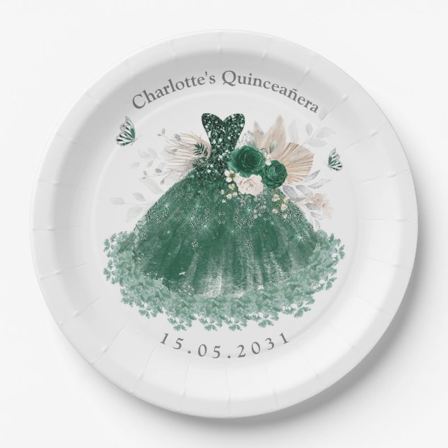 Plato De Papel Vestido Princesa Quinceanera de Plata Verde Esmera (Anverso)