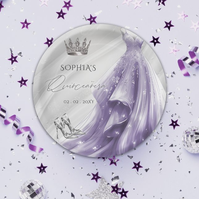 Plato De Papel Vestido púrpura plateado Princesa Quinceañera (Silver Purple Dress Princess Quinceañera Paper Plates)