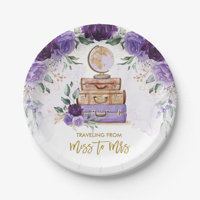 Plato De Papel Viajando de Miss a Sra. Purple Bridal Shower (Anverso)