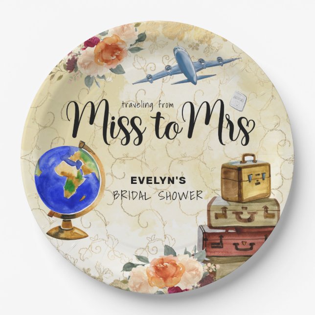 Plato De Papel Viajar de Miss a Sra. Bridal Shower (Anverso)