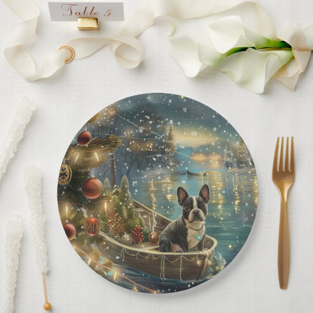 Plato De Papel Viaje festivo de los Navidades de Boston Terrier (Boda)