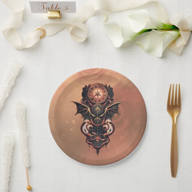 Plato De Papel Viaje místico del tiempo con alas, reloj de vapor. (Boda)