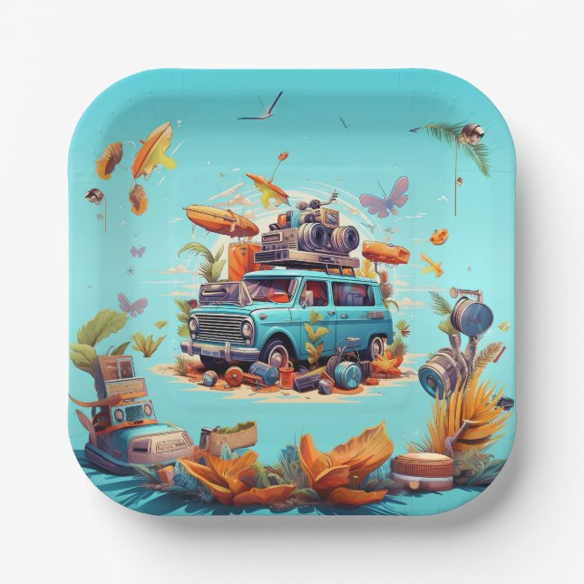 Plato De Papel Viaje Retro por Carretera (Anverso)