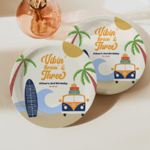 Plato De Papel Vibin' y Three Surf Board Blue 3 Birthday Fiesta