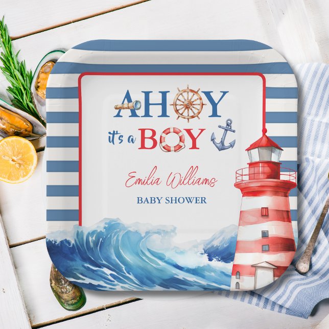 Plato De Papel Vibrant Blue Red Coastal Lighthouse Baby Shower (Subido por el creador)