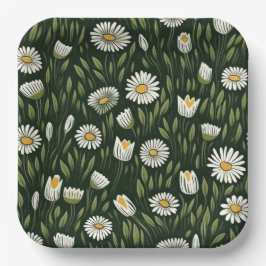 Plato De Papel Vibrant Daisy Pattern with Lush Green Accents
