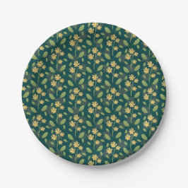 Plato De Papel Vibrant Green Pattern with Yellow Flowers & Leaves