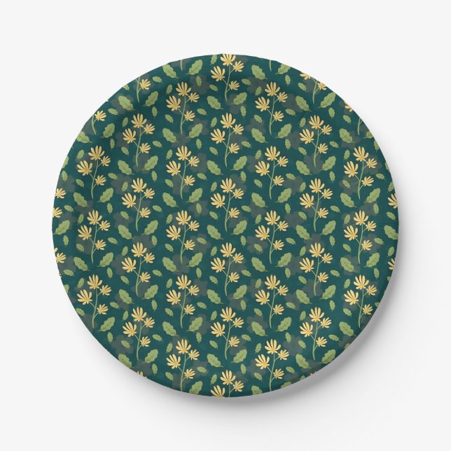 Plato De Papel Vibrant Green Pattern with Yellow Flowers & Leaves (Anverso)