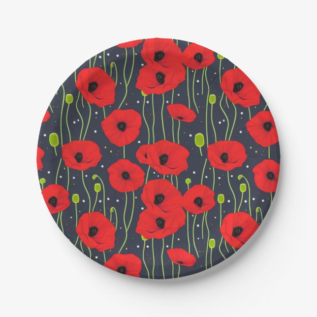 Plato De Papel Vibrant Modern Red Poppies Pattern Art (Anverso)