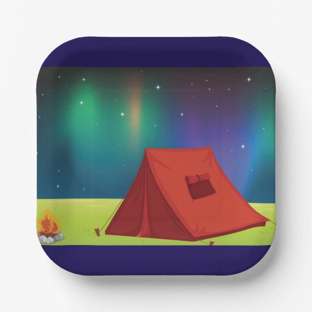 Plato De Papel Vibrant Northern Lights Camping Tent Night (Anverso)