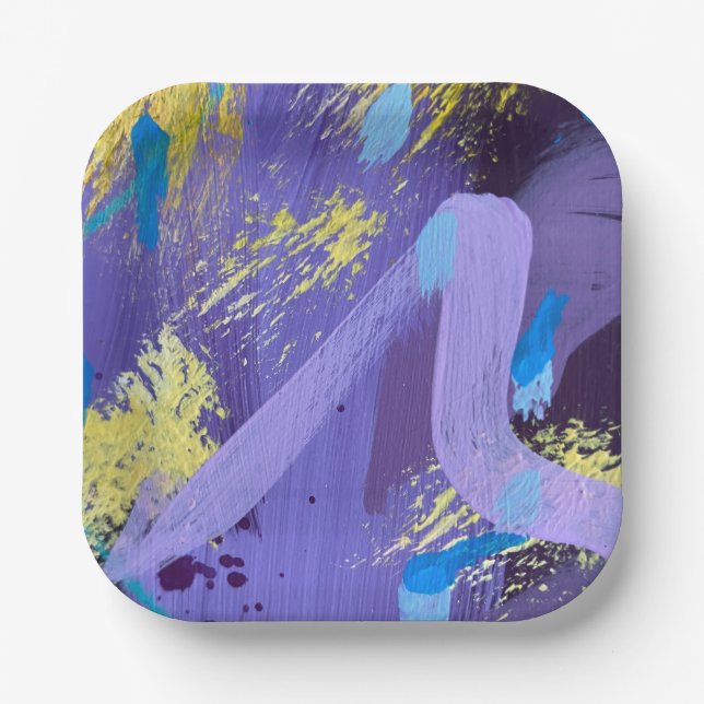 Plato De Papel Vibrant Purple, Yellow, and Blue Abstract Art (Anverso)