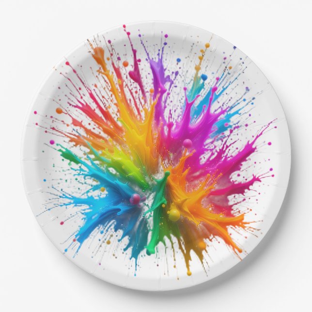 Plato De Papel Vibrant Rainbow Paint Splatter Explosion (Anverso)