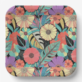 Plato De Papel Vibrant Retro Floral Burst