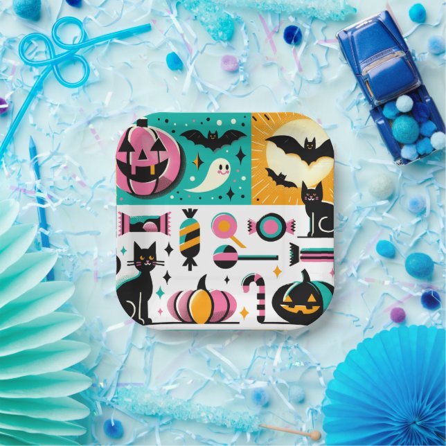 Plato De Papel Vibrant Retro Halloween Collage Pink Pumpkin Black (Fiesta)