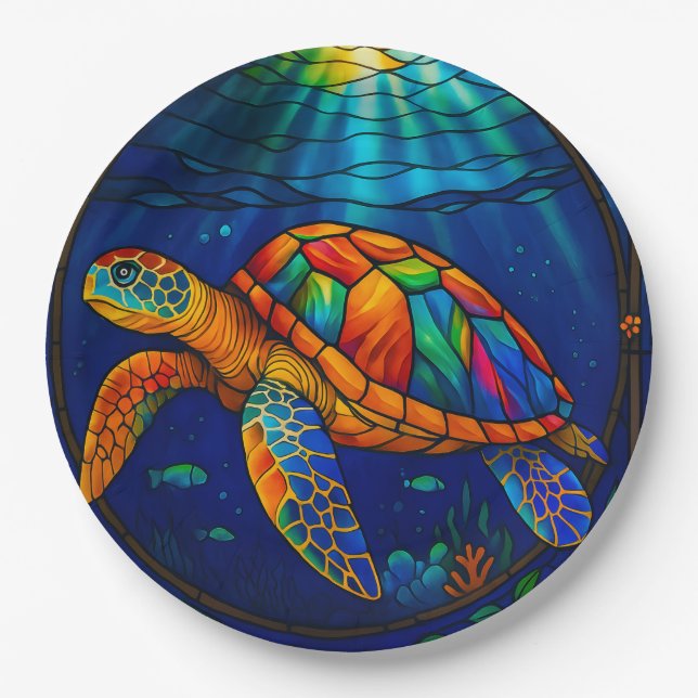 Plato De Papel Vibrant Stained Glass Sea Turtle Ocean Design (Anverso)