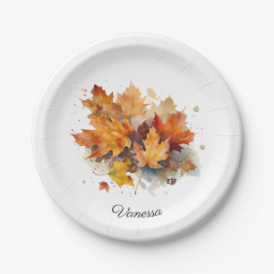 Plato De Papel Vibrante acuarela de arce otoñal, personalizado