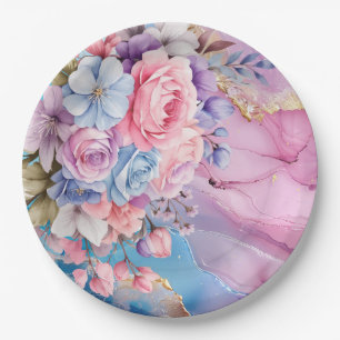 Plato De Papel Vibrante Aqua y color de agua rosa Floral Bouquet