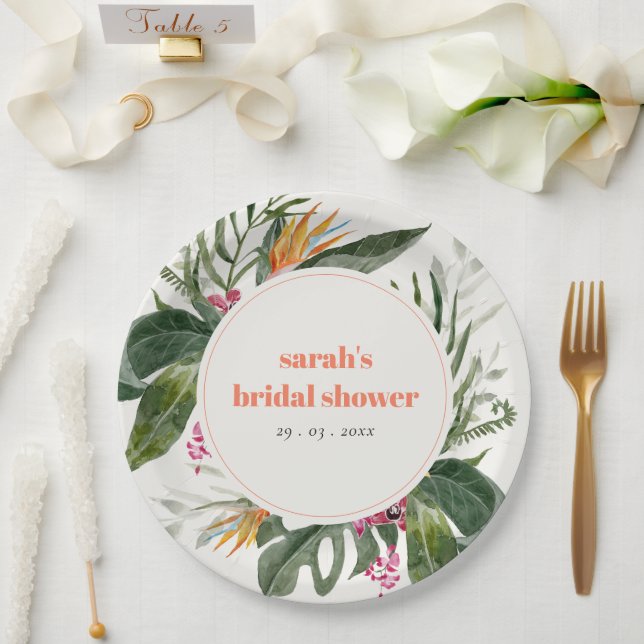 Plato De Papel Vibrante ducha tropical de novias con flores en Ru (Boda)