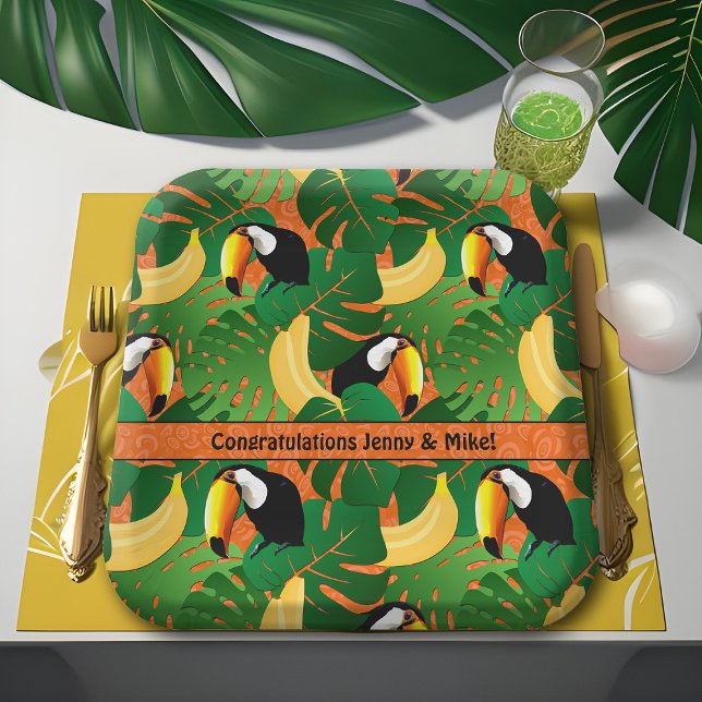 Plato De Papel Vibrante Fiesta de Banana Brillante Táctica Tropic (toucan fiesta tropical birds and bananas personalized jungle theme party plates )