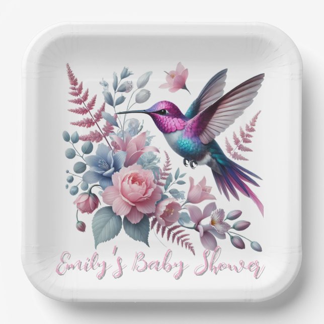 Plato De Papel Vibrante Hummingbird Y Baby Shower De Blooms Rosa (Anverso)
