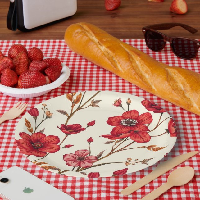 Plato De Papel Vibrante Ilustracion Botánico Rojo (Picnic)