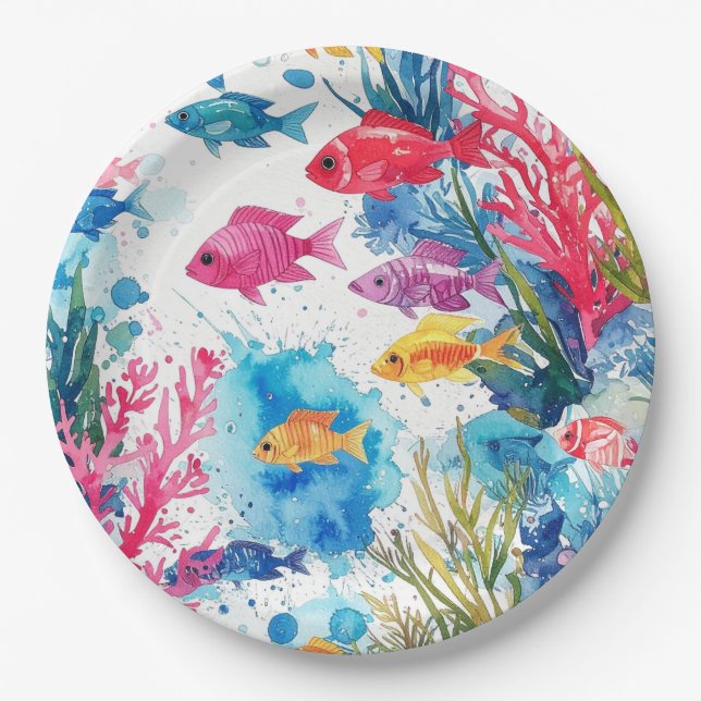 Plato De Papel Vibrante patrón de vida marina de acuarela de pece (Anverso)
