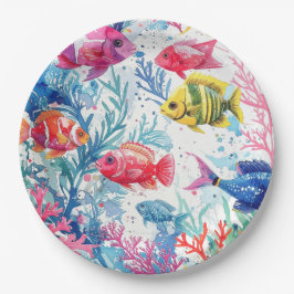 Plato De Papel Vibrante patrón de vida marina de acuarela de pece