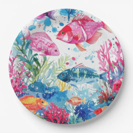 Plato De Papel Vibrante patrón de vida marina de acuarela de pece