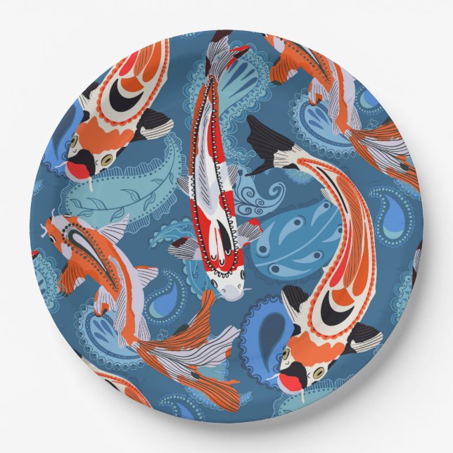 Plato De Papel Vibrante Pescado Koi Entre El Patrón Paisley (Anverso)