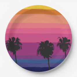 Plato De Papel Vibrante puesta de sol en el océano con siluetas d