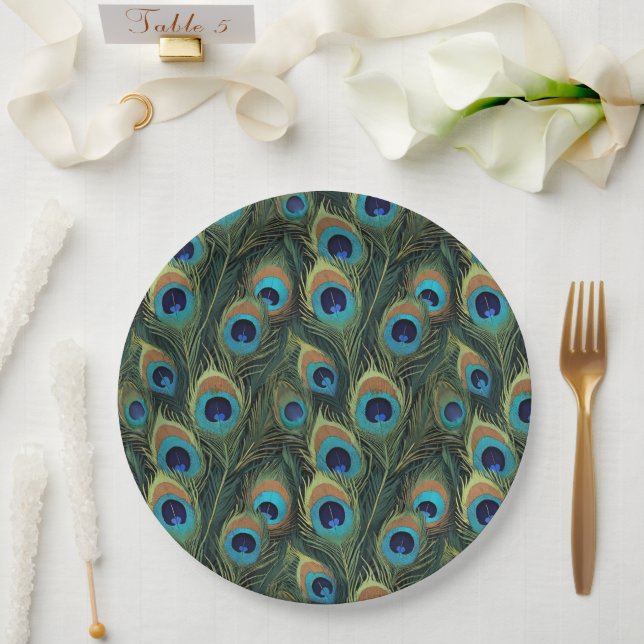 Plato De Papel Vibrantes plumas de pavo real (Boda)