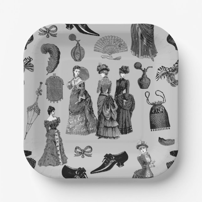 Plato De Papel victorian era fashion women toile black white (Anverso)