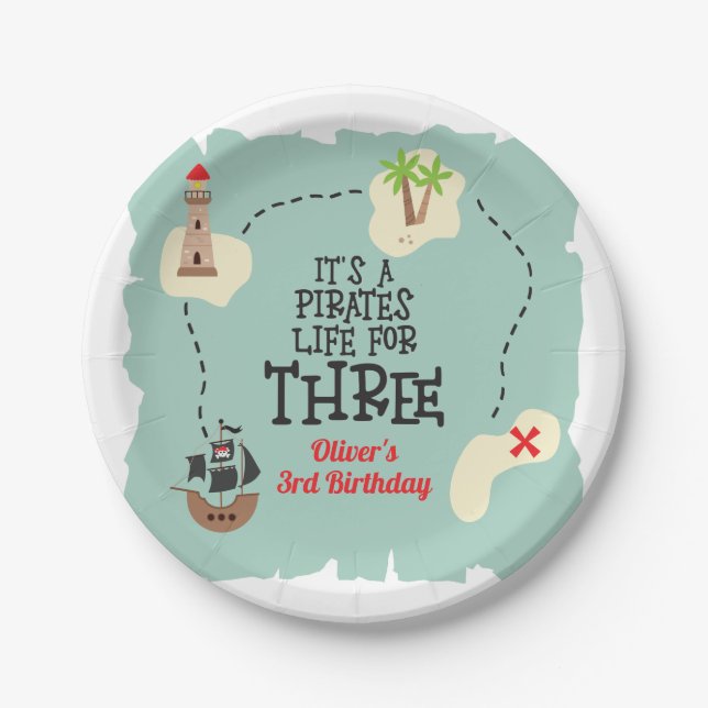 Plato De Papel Vida pirata por TRES cumpleaños (Anverso)