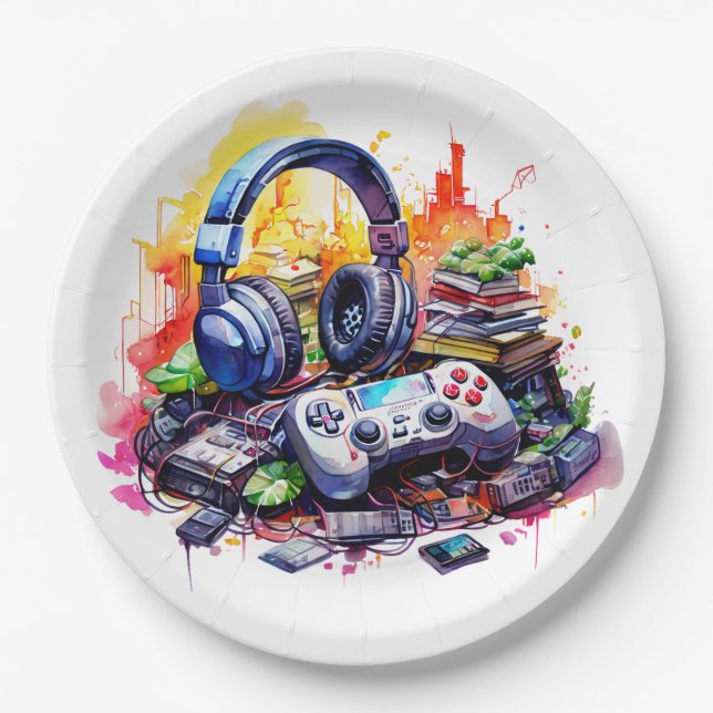 Plato De Papel Video Controller y audífonos Cumpleaños del niño (Anverso)