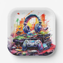 Plato De Papel Video Controller y audífonos Cumpleaños del niño