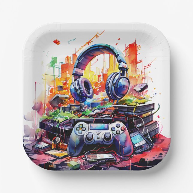 Plato De Papel Video Controller y audífonos Cumpleaños del niño (Anverso)