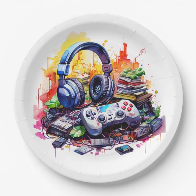 Plato De Papel Video Controller y audífonos Cumpleaños del niño (Anverso)