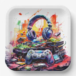 Plato De Papel Video Controller y audífonos Cumpleaños del niño