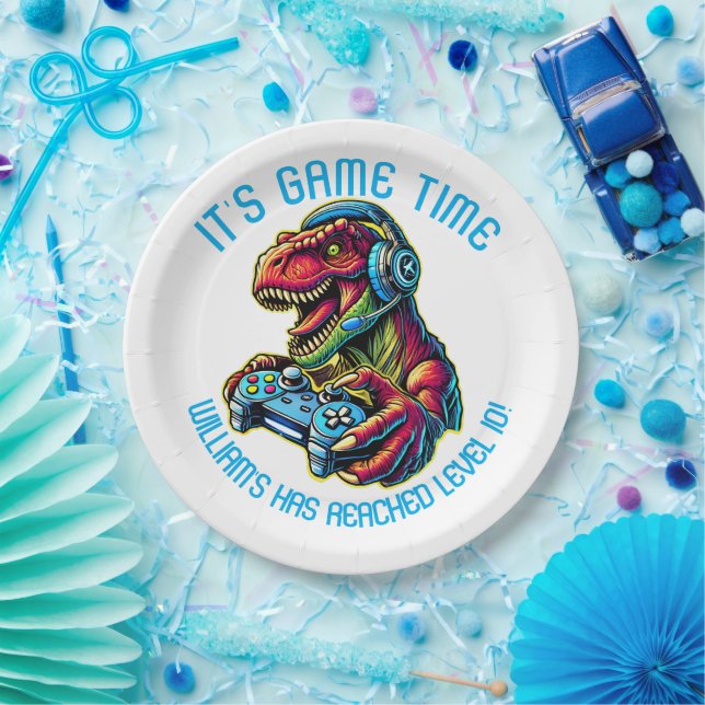 Plato De Papel Videojuego Dinosaur Gaming Birday Party (Fiesta)