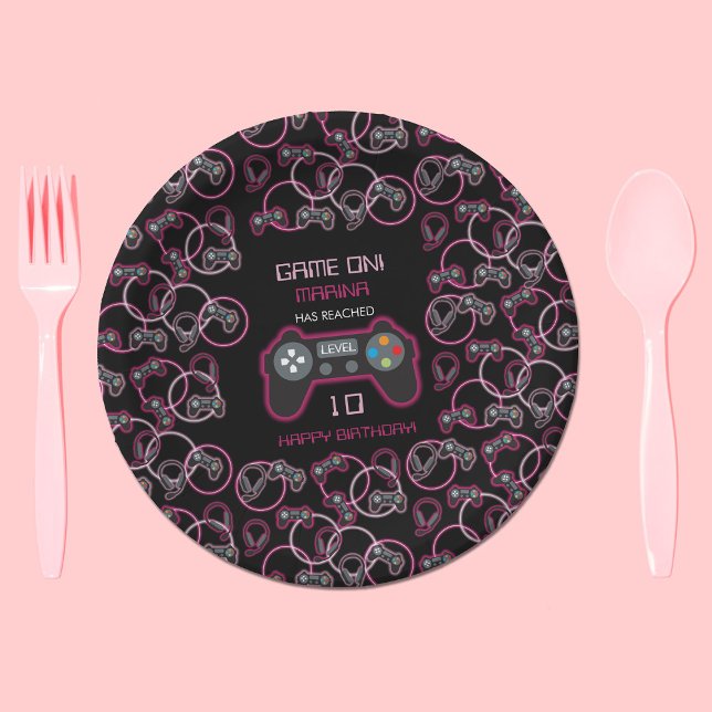 Plato De Papel Videojuego Neon Pink Girls Birday Party (Video Game Neon Pink Girls Birthday Party Paper Plates)
