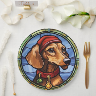 Plato De Papel Vidriera de Dachshund Navidad