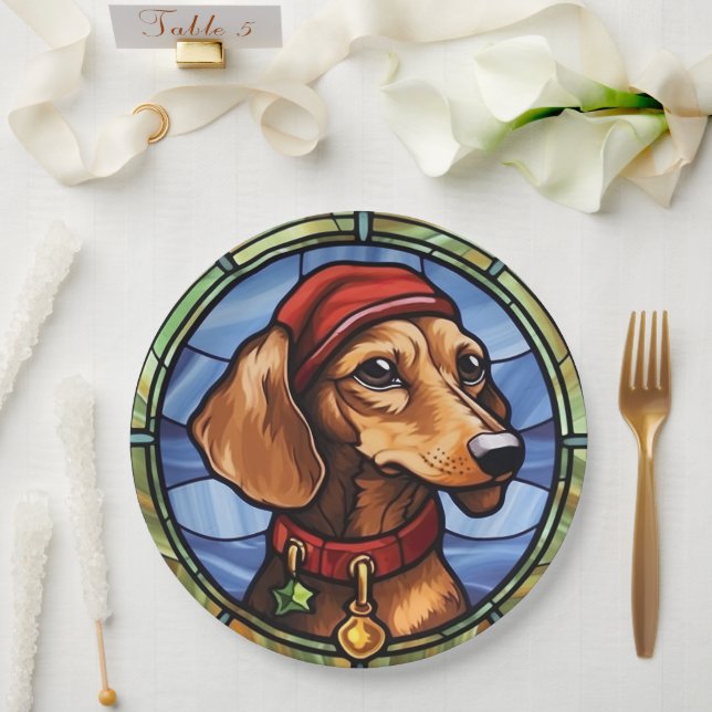 Plato De Papel Vidriera de Dachshund Navidad (Boda)
