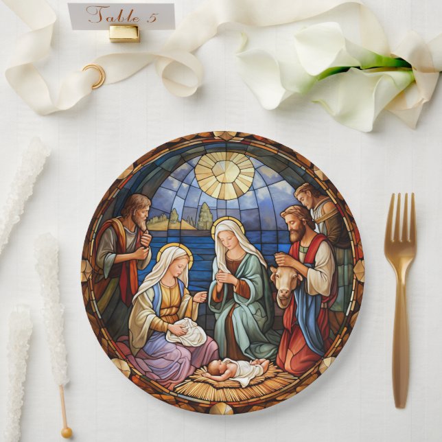 Plato De Papel Vidriera de la Natividad de Navidad (Boda)