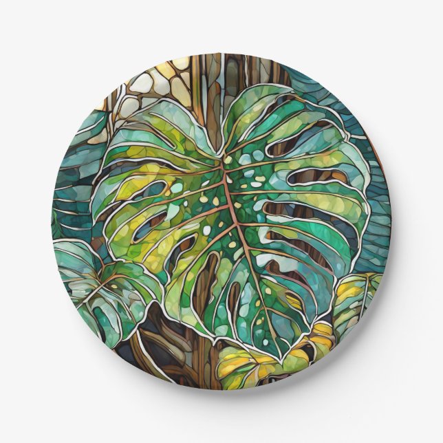 Plato De Papel Vidrio manchado de Monstera (Anverso)