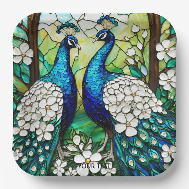 Plato De Papel Vidrio manchado de pavo real (Anverso)