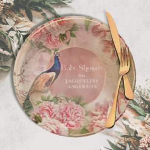 Plato De Papel Viejo Peacock Elegante Pap Baby Shower Peony Rosa